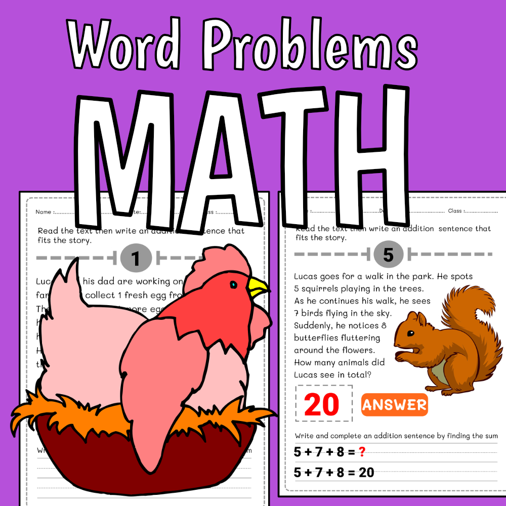 Engaging Grade 2 Addition Word Problem Worksheets: Explore Three One-Digit Numbers with Real-Life Scenarios and Visuals